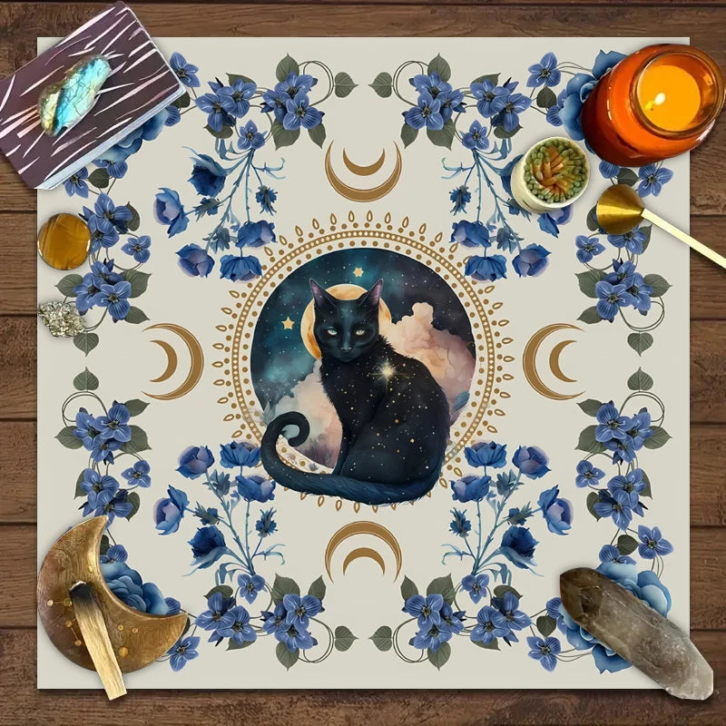 Nappe de Tarot en Velours – Lune, Chat Noir, Soleil et Lotus, Géométrie Sacrée, 7 Motifs, 2 Tailles