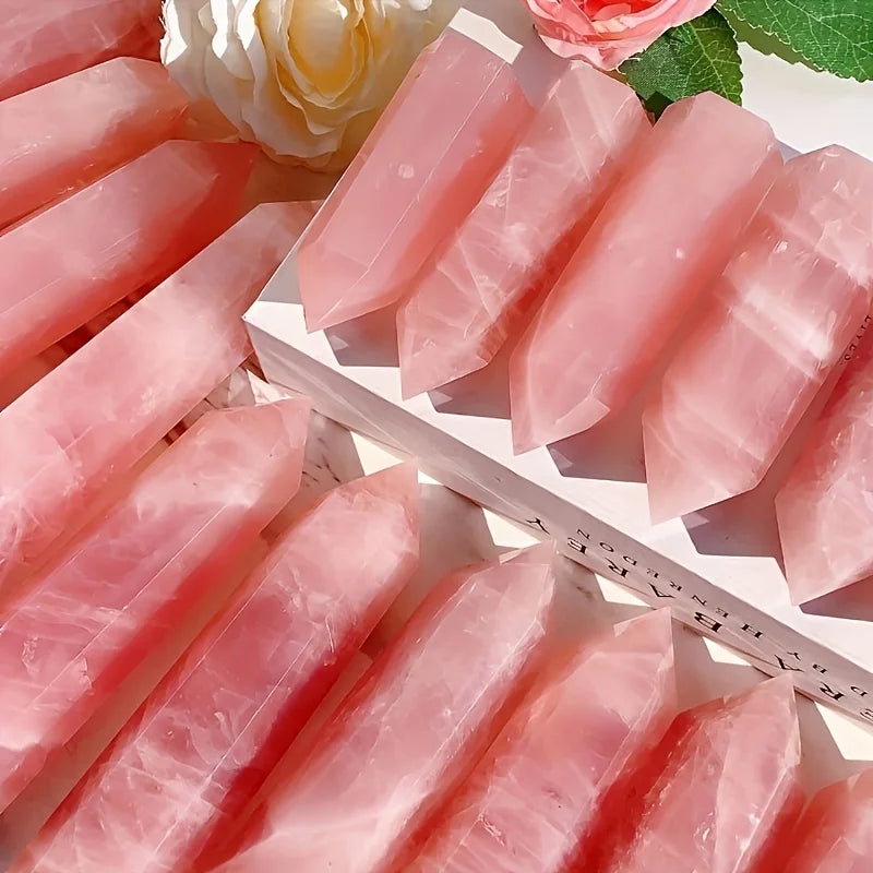 Pointe de Quartz Rose Naturel – Tour Polie à 6 Faces, de 4 à 16 cm