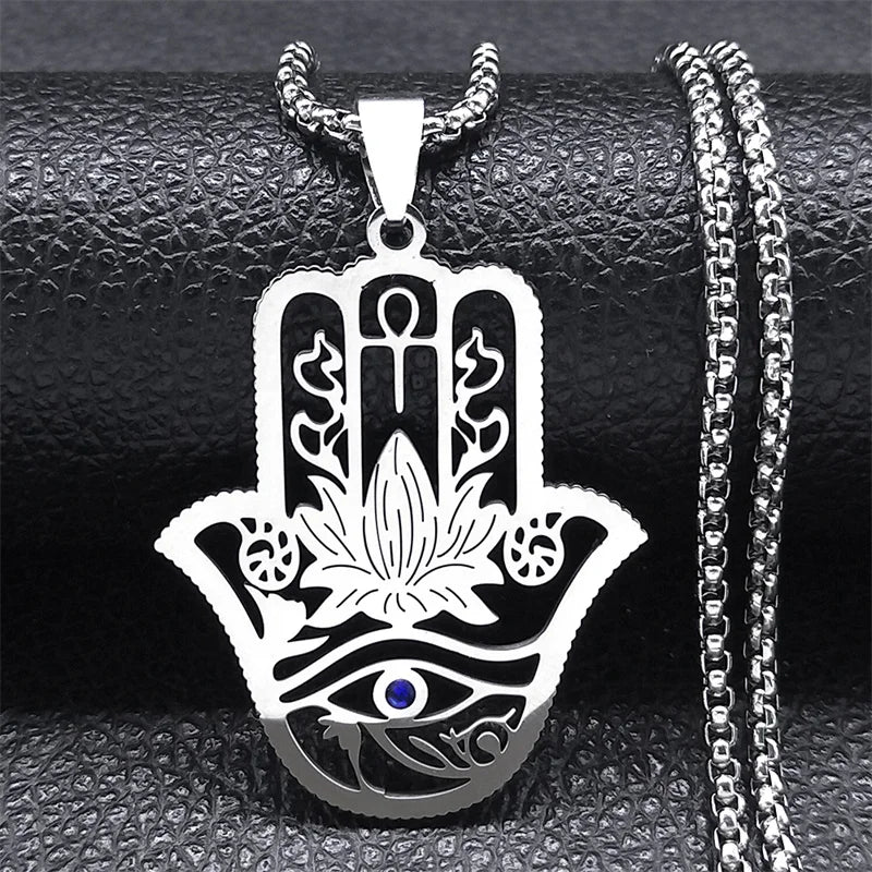 Collier Main de Fatma et Ankh en Acier Inoxydable – Lotus et Œil d'Horus, Doré ou Argenté, Unisexe