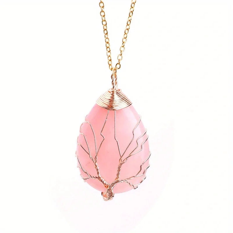Pendentif Arbre de Vie en Pierre Naturelle au Choix – Fil Doré ou Argenté, avec Chaîne