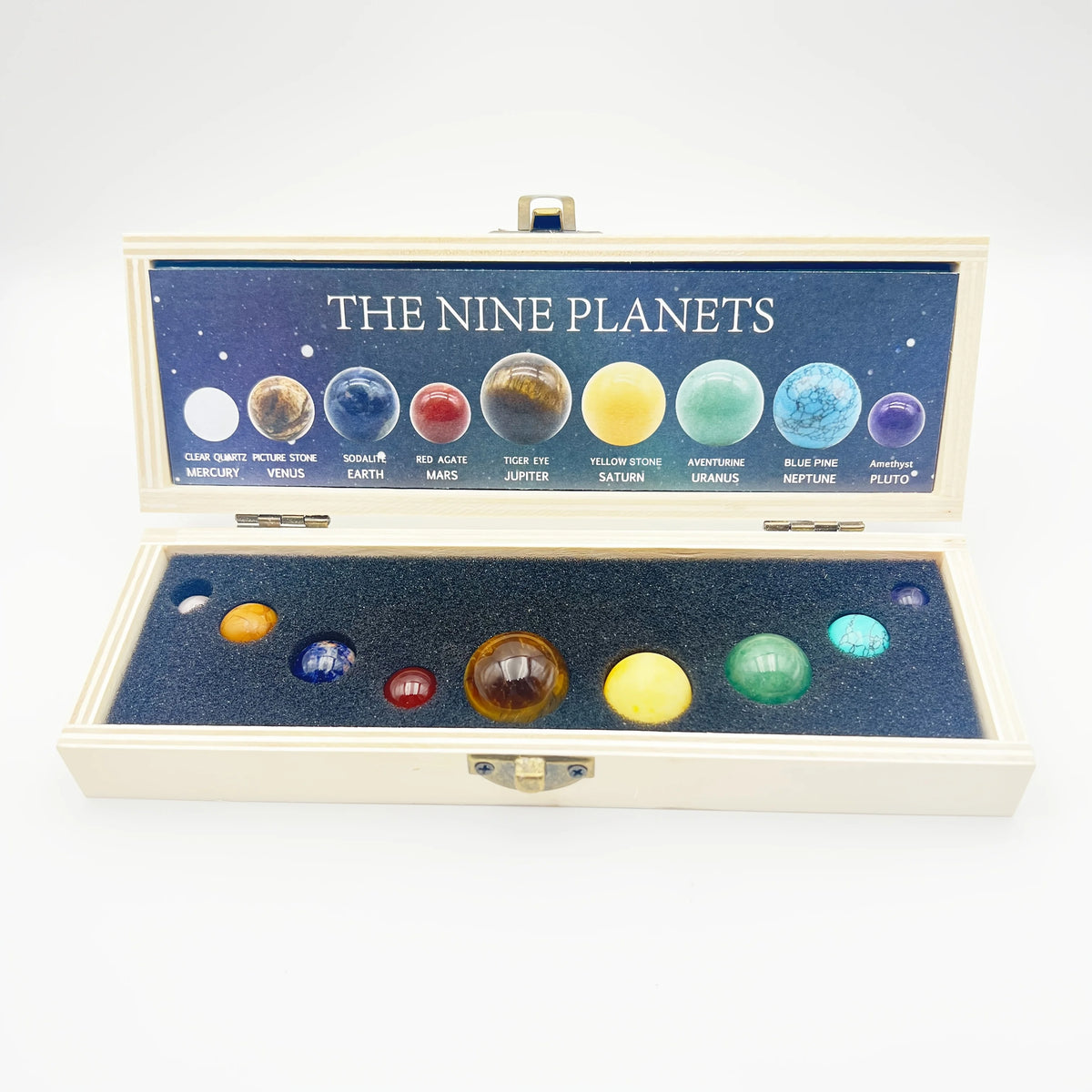 Coffret Système Solaire – 9 Sphères en Pierres Naturelles dans un Coffret en Bois