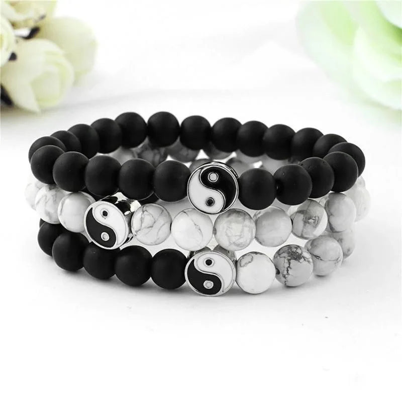 Bracelet Yin Yang Onyx Mat et Howlite – À l'Unité ou en Duo pour Couple, 17 à 21 cm