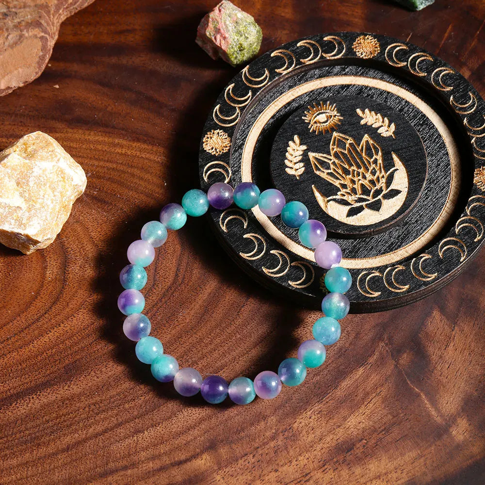 Bracelet Fluorite Arc-en-Ciel – Perles Violettes et Vertes, Élastique, Homme et Femme