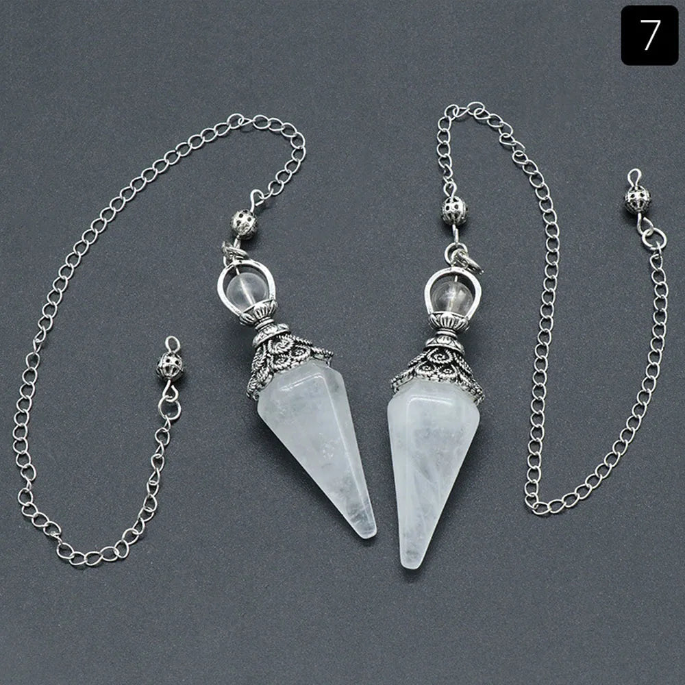 Pendule Cône Hexagonal en Pierre Naturelle Facettée – Quartz Rose, Améthyste, Œil de Tigre… 8 Pierres
