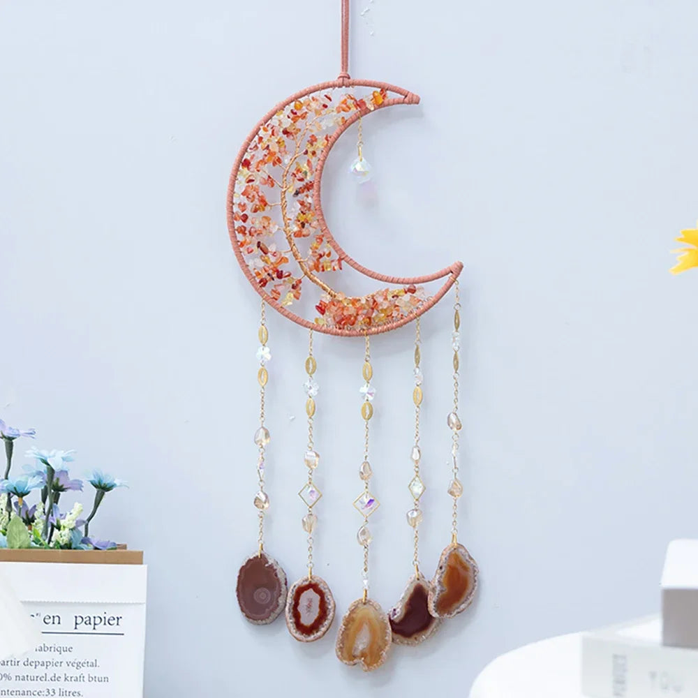 Attrape-Rêves en Pierres Naturelles et Tranches d'Agate – Lune ou Arbre de Vie, 29 Modèles, Décoration Murale