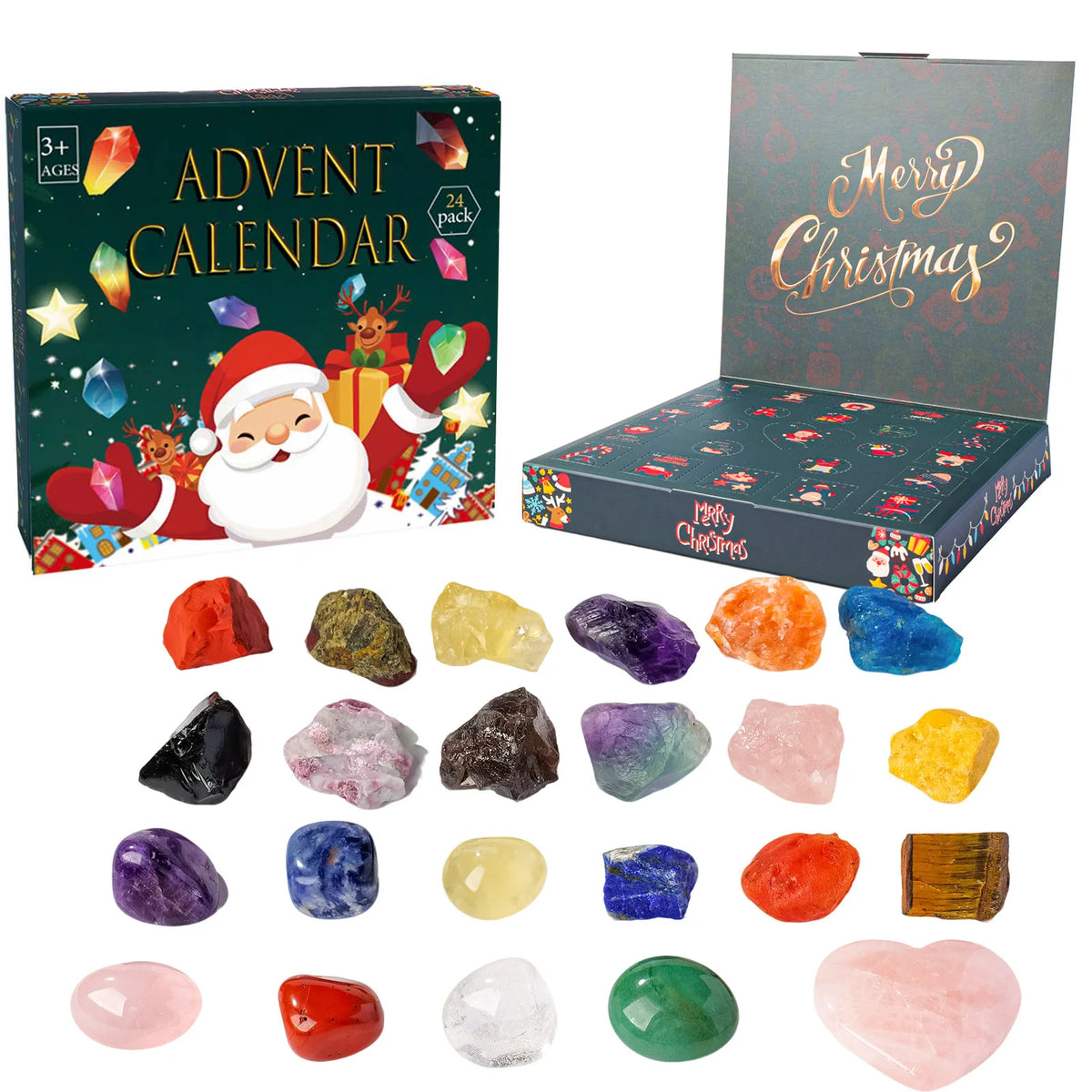 Calendrier de l'Avent Cristaux – 24 Pierres Naturelles Surprises, 5 Coffrets au Choix, Pierres Roulées, Brutes ou Cœur de Quartz Rose, Lithothérapie, Idée Cadeau Noël Femme