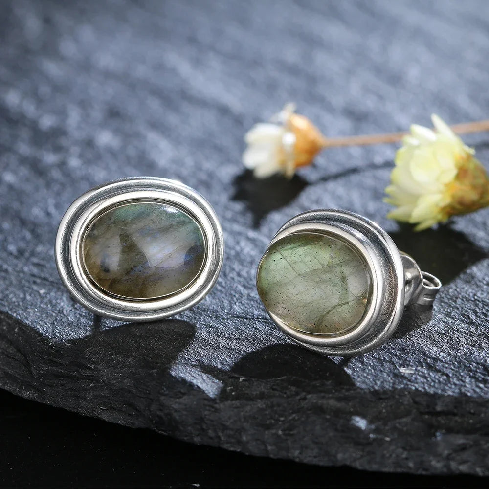 Clous d'Oreilles Ovales 8 x 10 mm en Pierre Naturelle – Labradorite, Cyanite ou Améthyste, Plaqué Argent