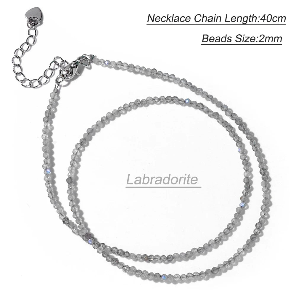 Collier Perles Facettées 2 mm en Pierre Naturelle – Ras du Cou Ultra-Fin, 14 Pierres, 40 cm