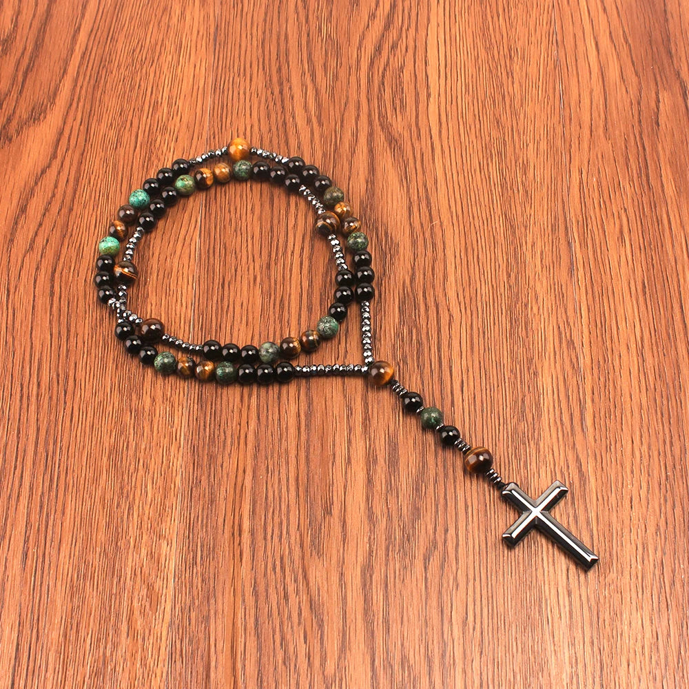 Collier Chapelet Croix en Hématite – Perles de Turquoise Africaine et Œil de Tigre, 60 cm