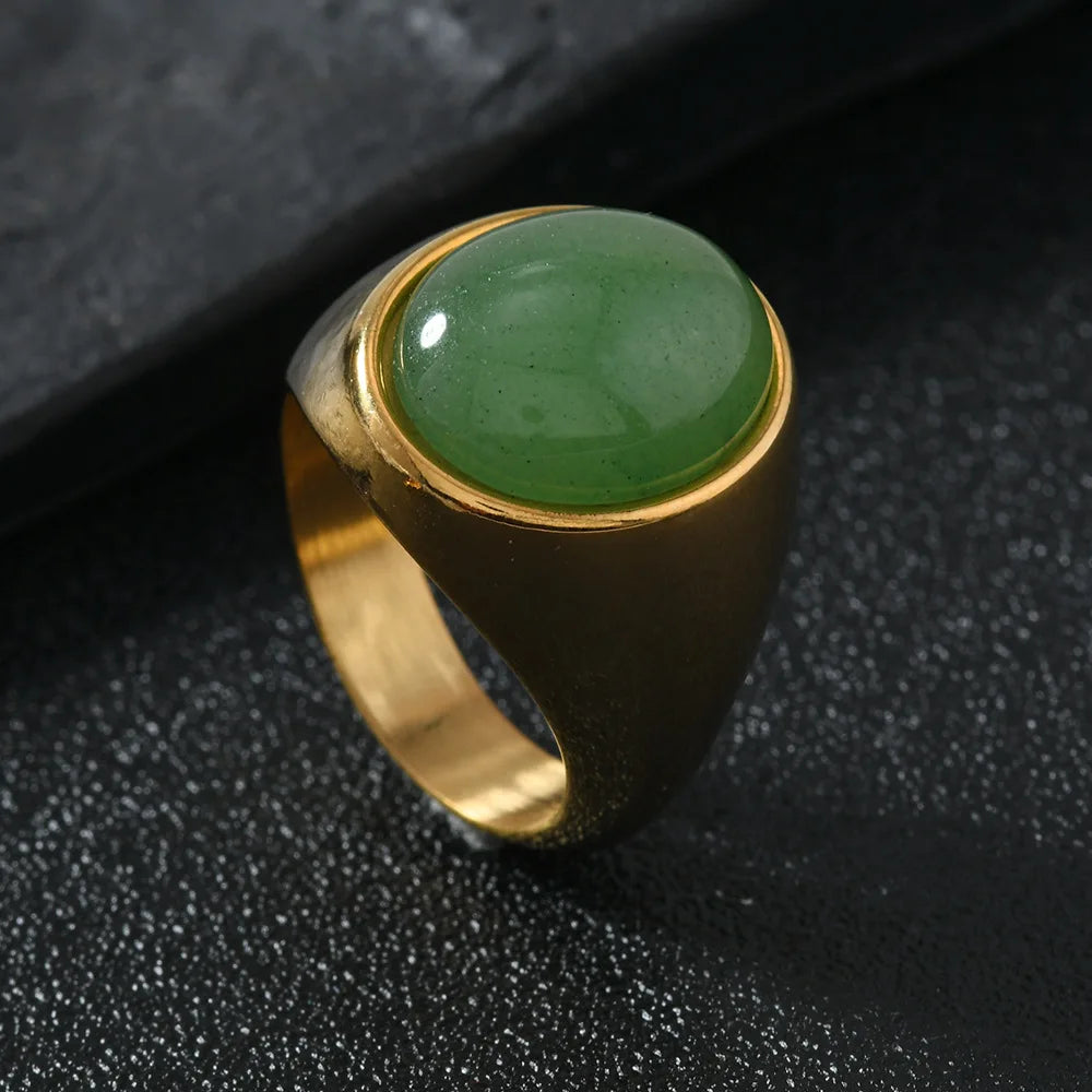 Chevalière Homme en Acier Inoxydable – Cabochon Onyx Noir, Œil de Tigre ou Aventurine, Argenté ou Doré