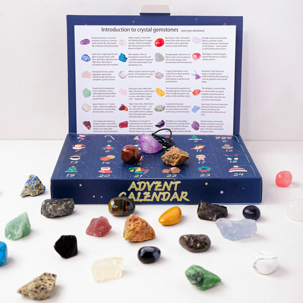 Calendrier de l'Avent Pierres Naturelles – 24 Cristaux à Découvrir, Pierres Roulées ou Brutes, Coffret Minéraux avec Carte des Pierres, Lithothérapie, Idée Cadeau Noël