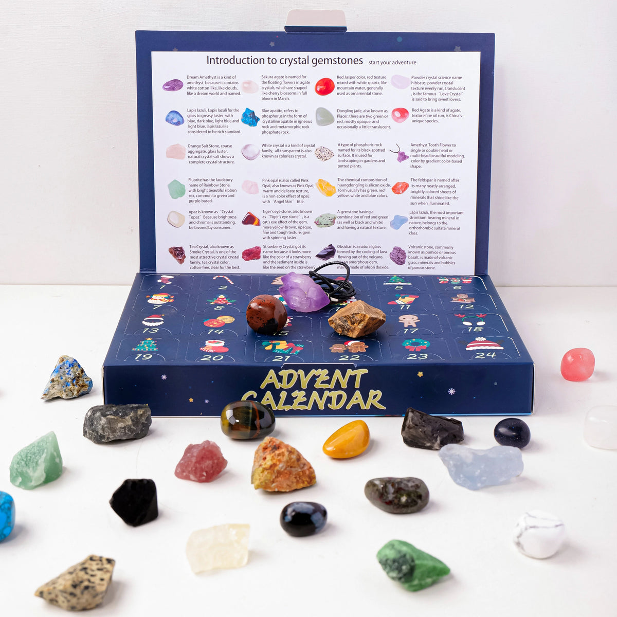 Calendrier de l'Avent Pierres Naturelles – 24 Cristaux à Découvrir, Pierres Roulées ou Brutes, Coffret Minéraux avec Carte des Pierres, Lithothérapie, Idée Cadeau Noël