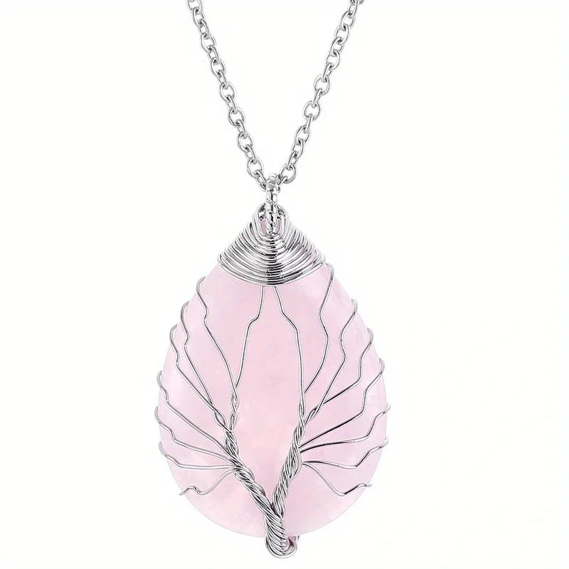 Pendentif Arbre de Vie en Pierre Naturelle au Choix – Fil Doré ou Argenté, avec Chaîne