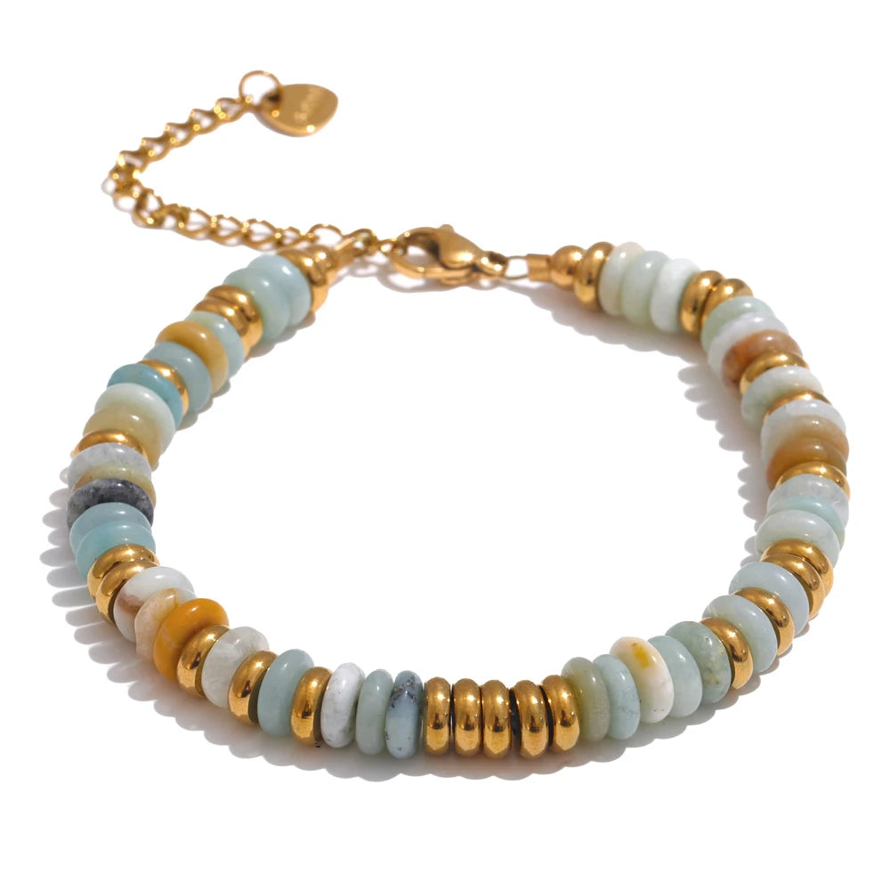 Bracelet Perles Heishi en Pierre Naturelle et Acier Doré – Œil de Tigre, Amazonite, 8 Pierres