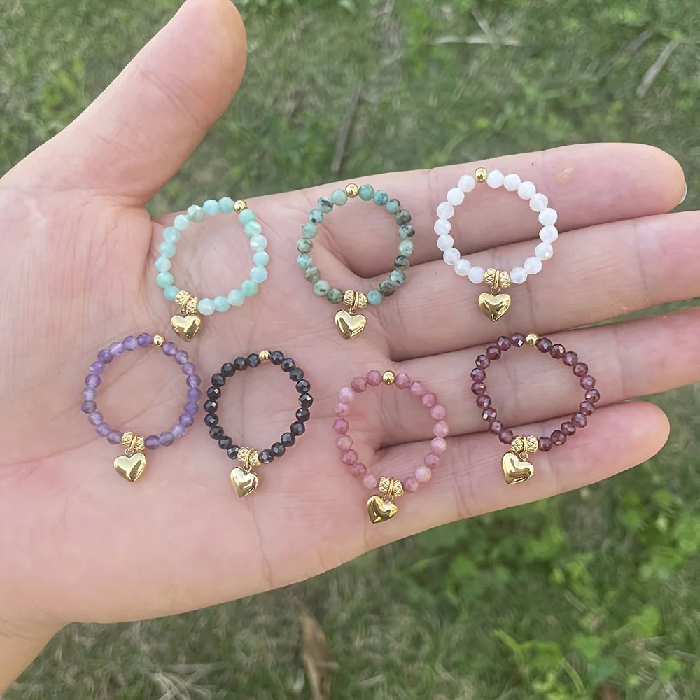 Bague Perlée Extensible en Pierres Naturelles – Cœur, Trèfle, Améthyste, Labradorite…