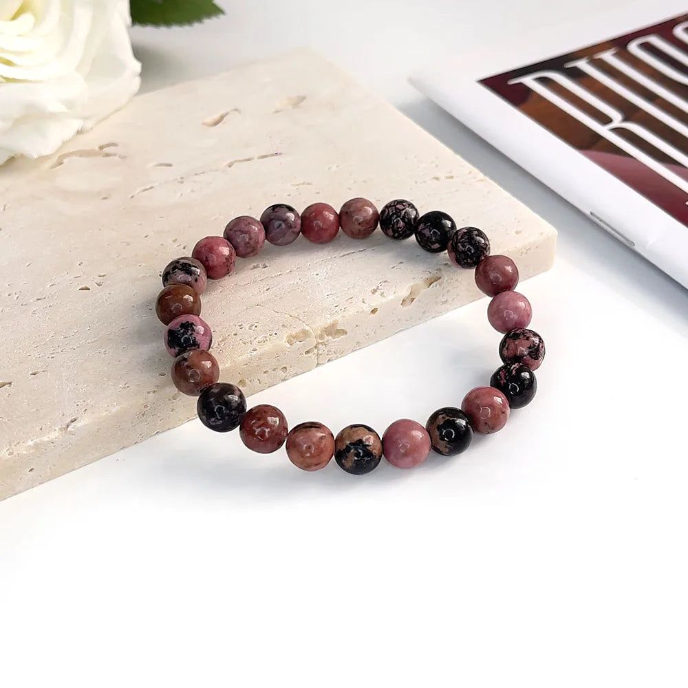 Bracelet Pierre Naturelle au Choix – Jaspe Zèbre Rose, Rhodonite, Lépidolite… Perles 6 ou 8 mm
