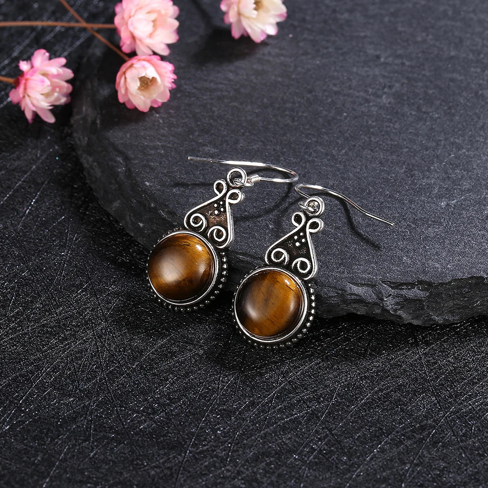 Boucles d'Oreilles Pendantes Vintage Pierre Ronde 10 mm – Labradorite, Lapis, Œil de Tigre, Rhodochrosite