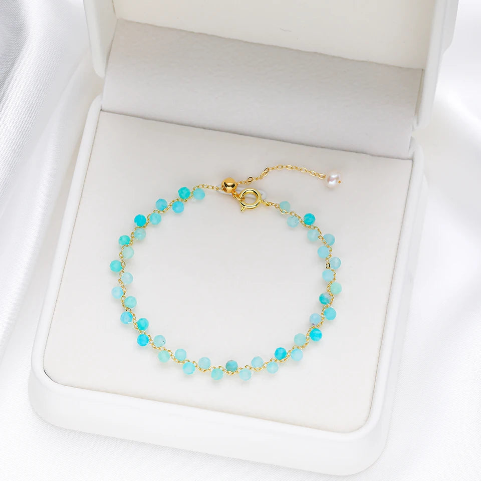 Bracelet Chaîne Dorée Perles Facettées 3 mm – Pierre Naturelle au Choix et Perle d'Eau Douce