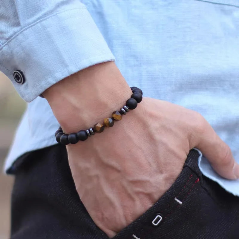 Bracelet Homme Onyx Noir et Pierres Irrégulières – Œil de Tigre ou Sodalite