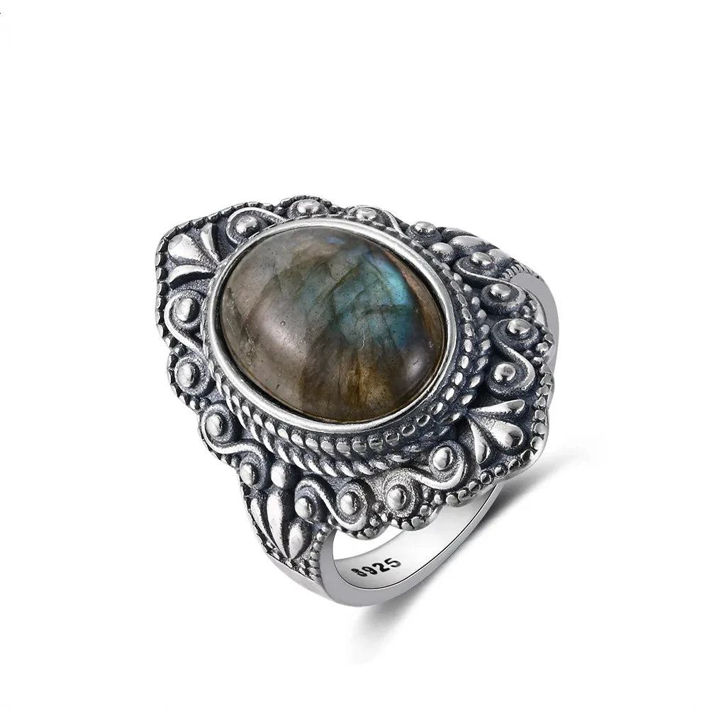 Bague Vintage Ovale en Pierre Naturelle – Labradorite, Pierre de Lune ou Lapis-Lazuli, Monture Ciselée