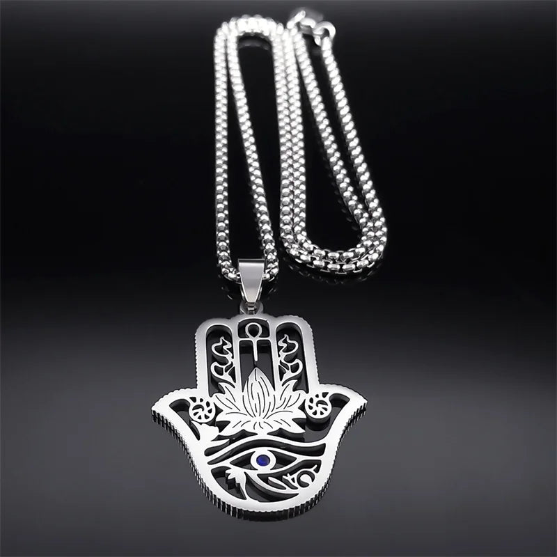 Collier Main de Fatma et Ankh en Acier Inoxydable – Lotus et Œil d'Horus, Doré ou Argenté, Unisexe