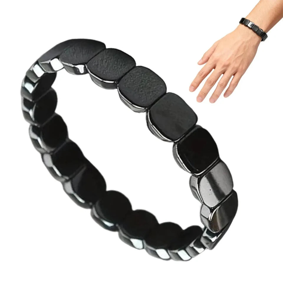 Bracelet Homme Hématite Perles Carrées Plates – Extensible, Noir Métallisé