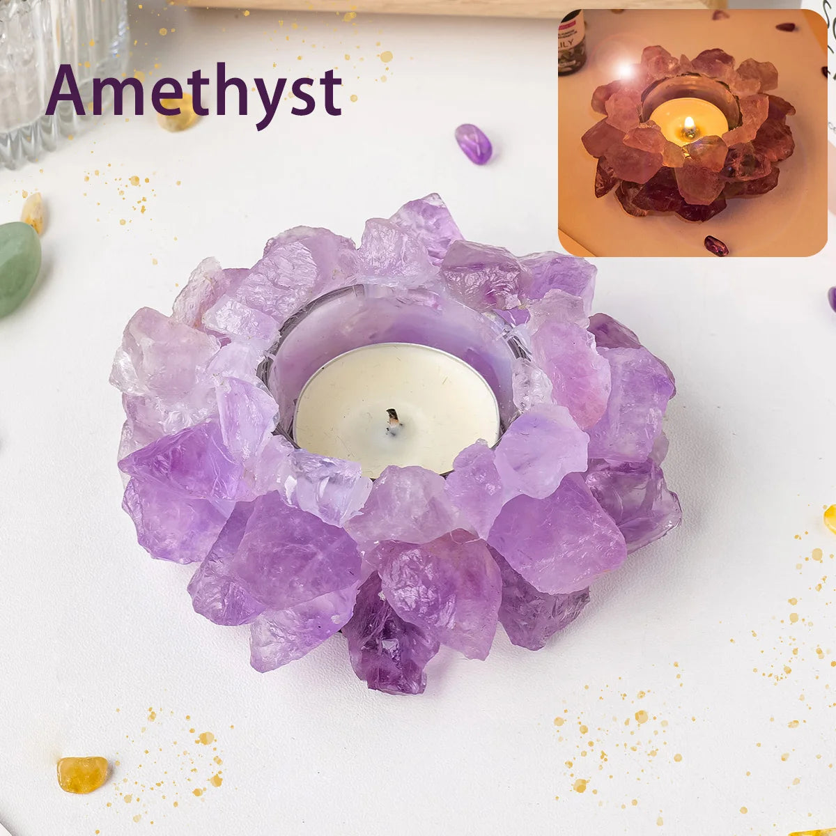 Bougeoir en Pierre Brute Naturelle – Photophore Cristal, Améthyste, Quartz Rose, Pierre de Soleil…