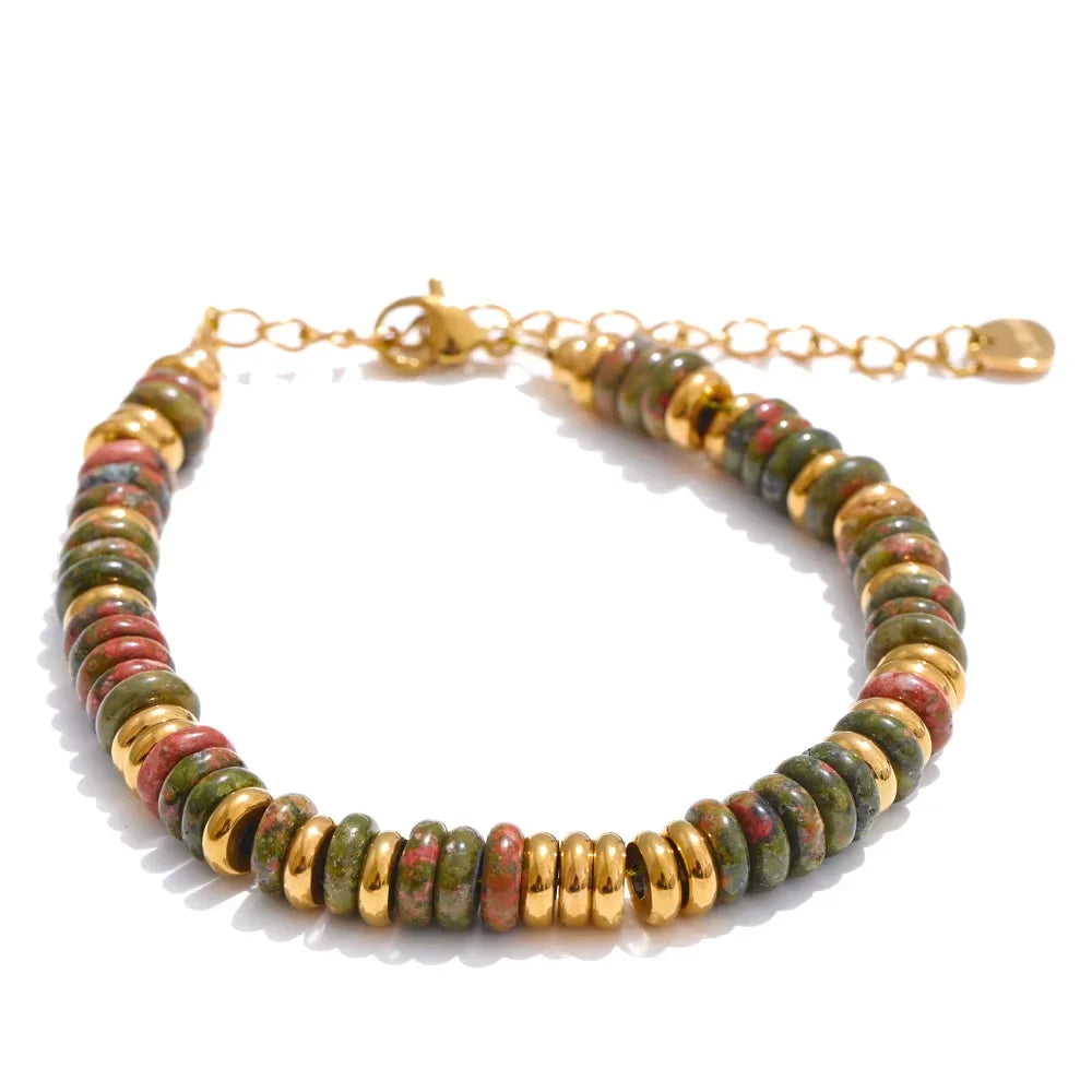 Bracelet Perles Heishi en Pierre Naturelle et Acier Doré – Œil de Tigre, Amazonite, 8 Pierres