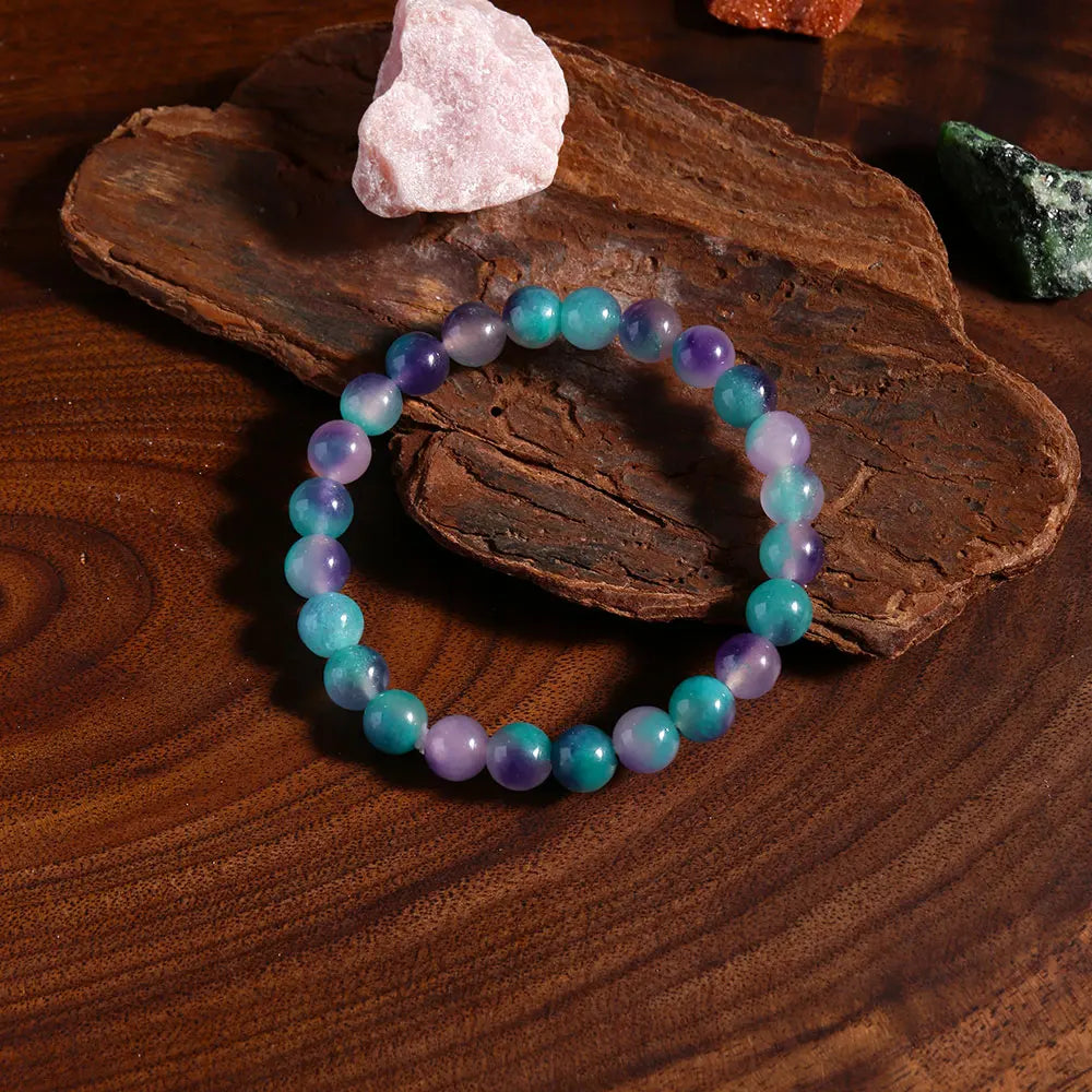 Bracelet Fluorite Arc-en-Ciel – Perles Violettes et Vertes, Élastique, Homme et Femme