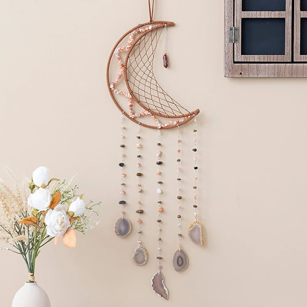 Attrape-Rêves en Pierres Naturelles et Tranches d'Agate – Lune ou Arbre de Vie, 29 Modèles, Décoration Murale