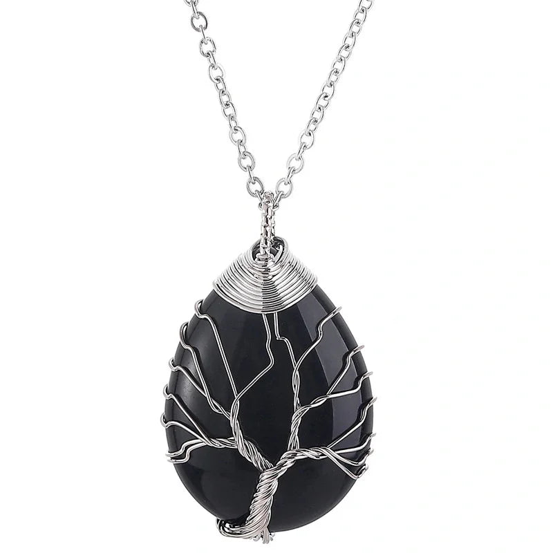 Pendentif Arbre de Vie en Pierre Naturelle au Choix – Fil Doré ou Argenté, avec Chaîne
