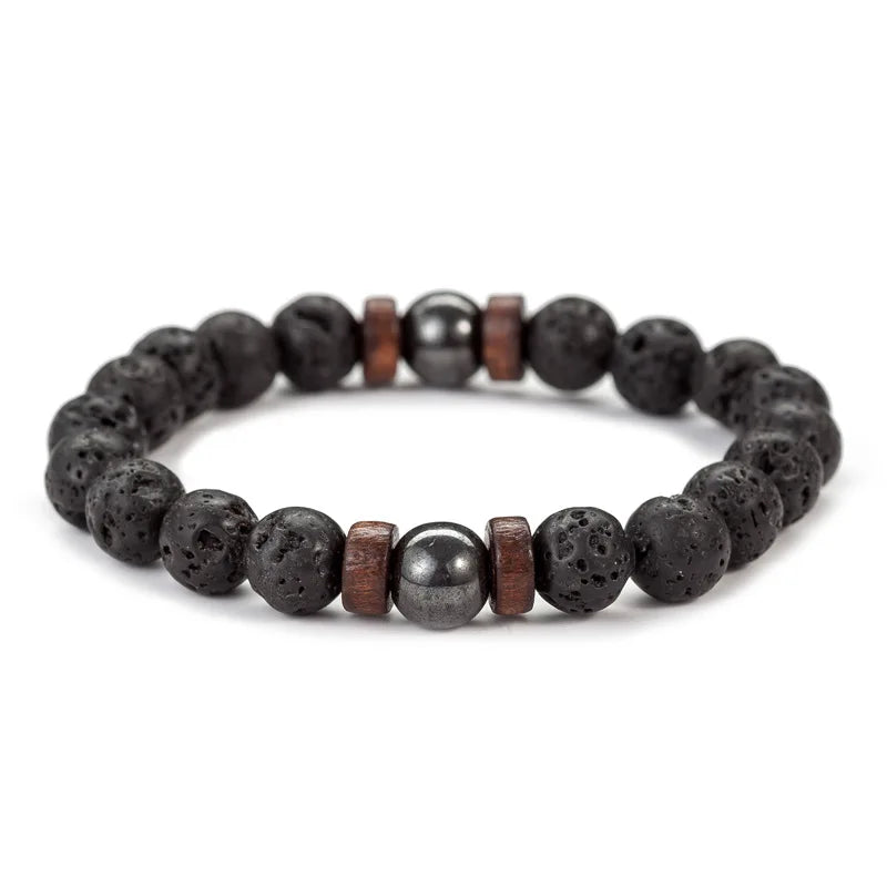 Bracelet Homme Pierre de Lave et Perles de Bois 8 mm – 3 Modèles, Style Tibétain