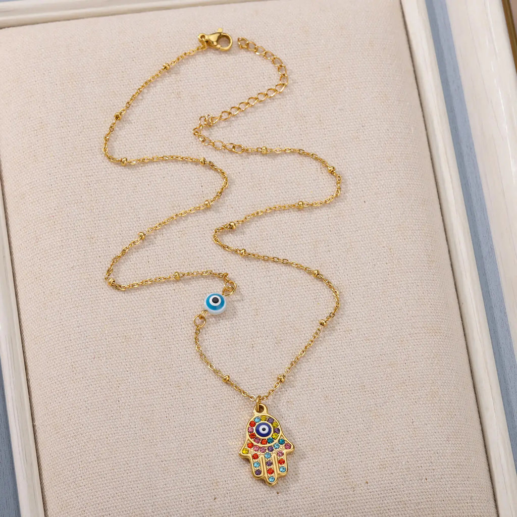 Collier Main de Fatma et Œil Turc en Acier Inoxydable – Pendentif Coloré, Doré ou Argenté, 45 cm