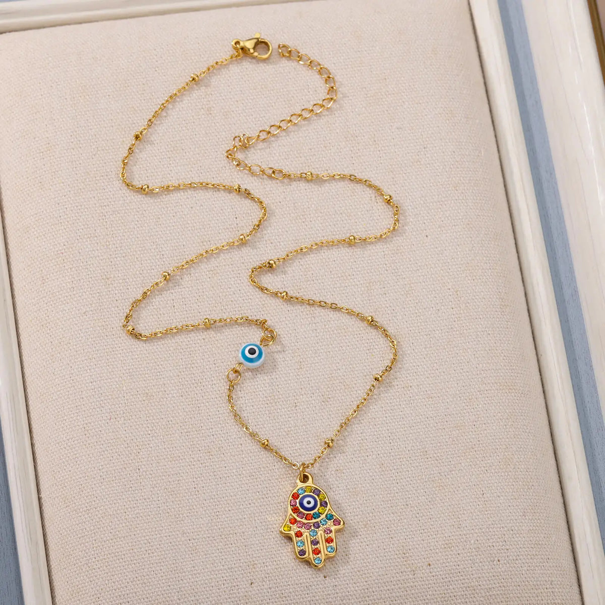 Collier Main de Fatma et Œil Turc en Acier Inoxydable – Pendentif Coloré, Doré ou Argenté, 45 cm