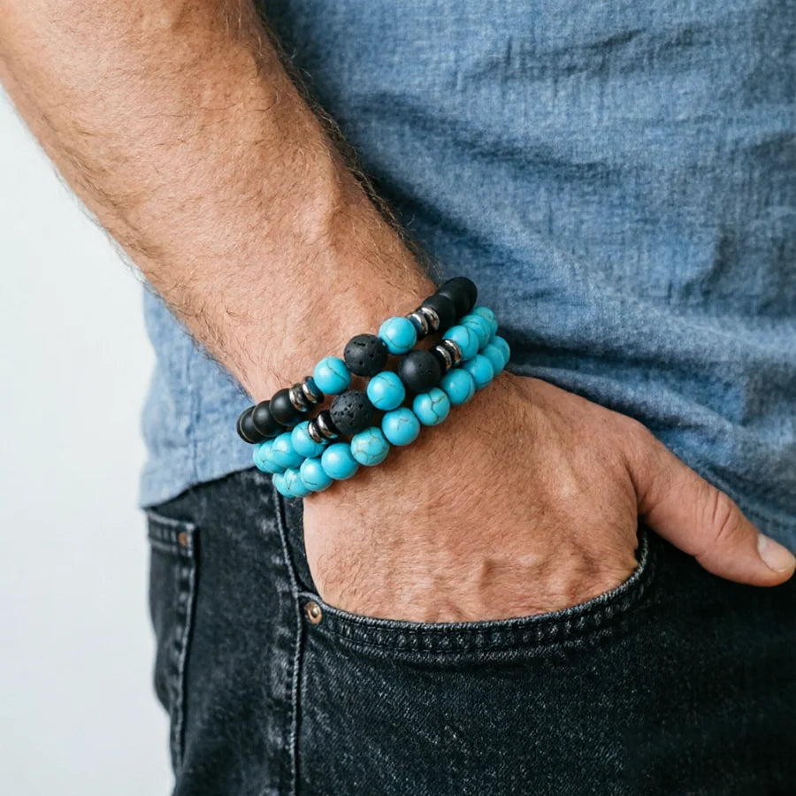Lot de 3 Bracelets Homme en Pierres Naturelles – Œil de Tigre, Pierre de Lave et Onyx Mat