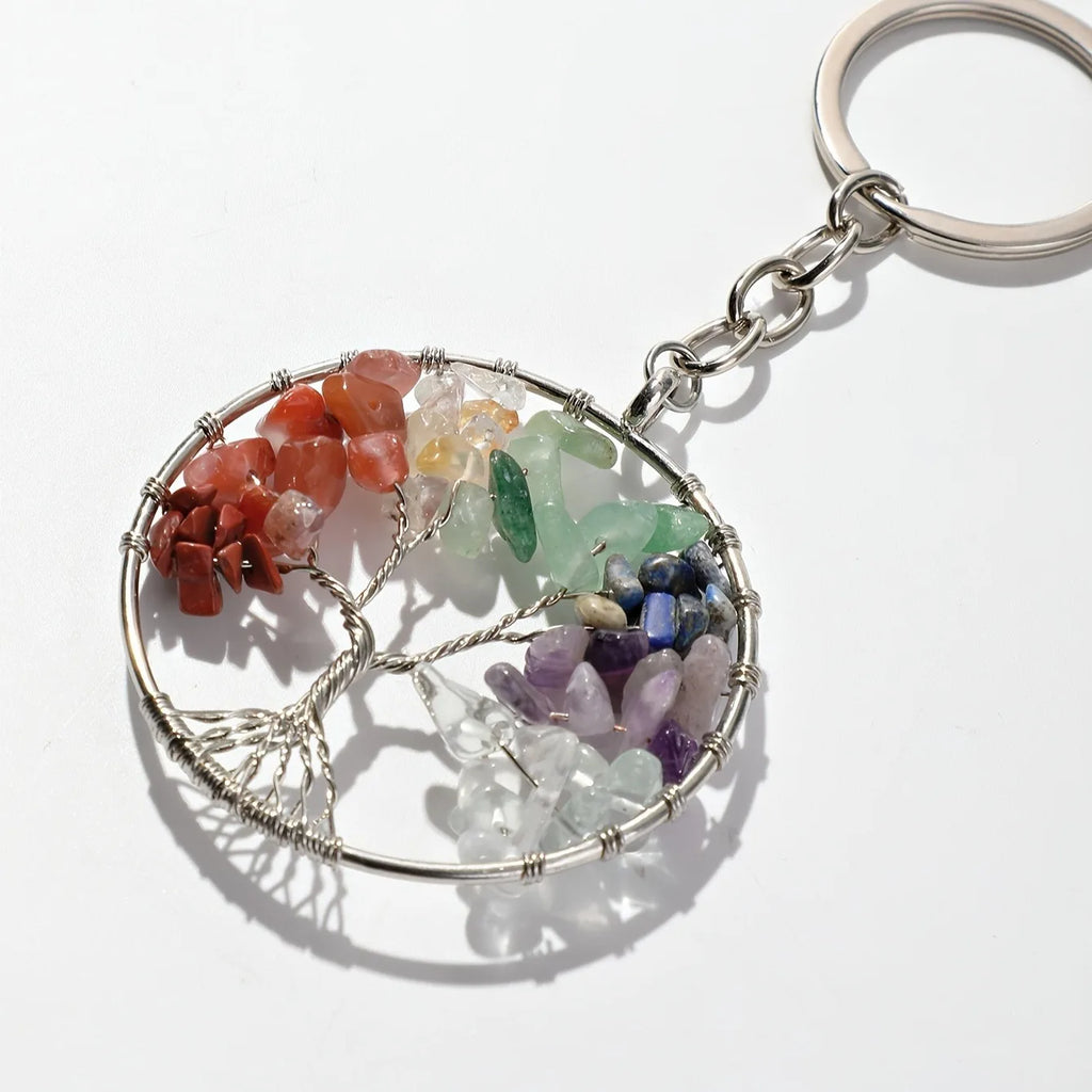 Porte-Clés Arbre de Vie en Éclats de Pierres Naturelles – Doré ou Argenté, Bijou de Sac
