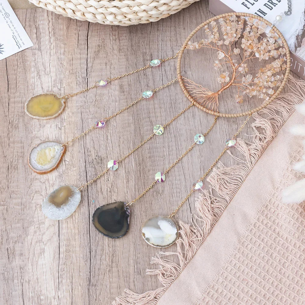Attrape-Rêves en Pierres Naturelles et Tranches d'Agate – Lune ou Arbre de Vie, 29 Modèles, Décoration Murale