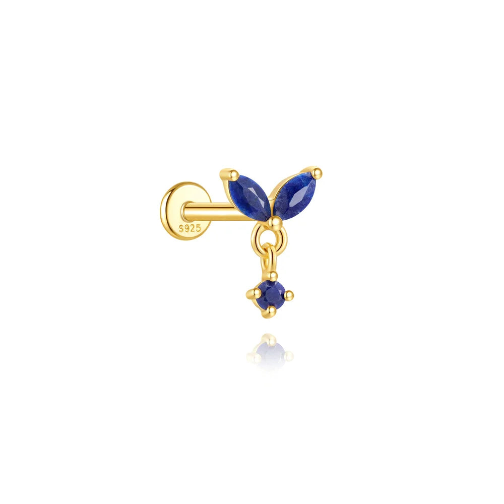 Piercing en Argent 925 et Lapis-Lazuli – Clou Plat Étoile, Fleur, Papillon, 16 Modèles Doré ou Argenté