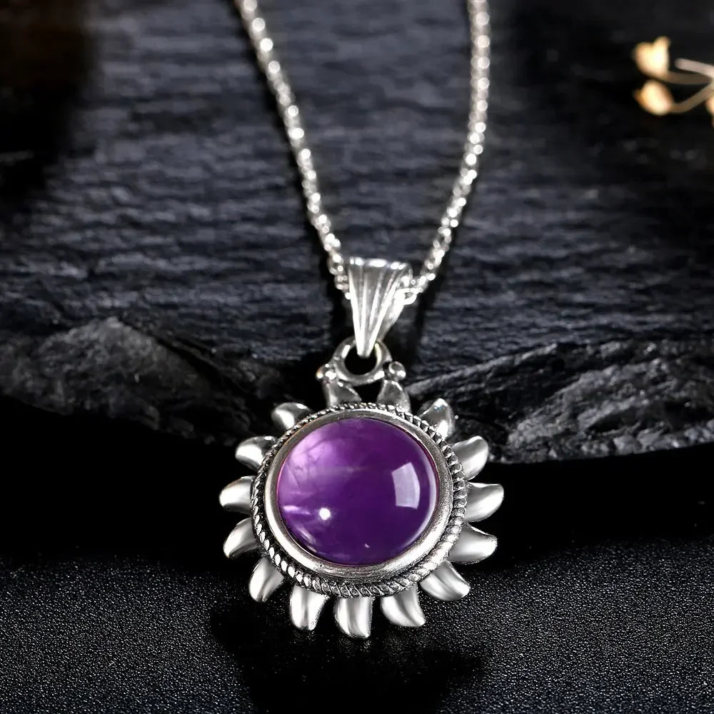 Collier Soleil Argent 925 – Lapis-Lazuli, Améthyste, Pierre de Lune ou Quartz Rose, Style Vintage