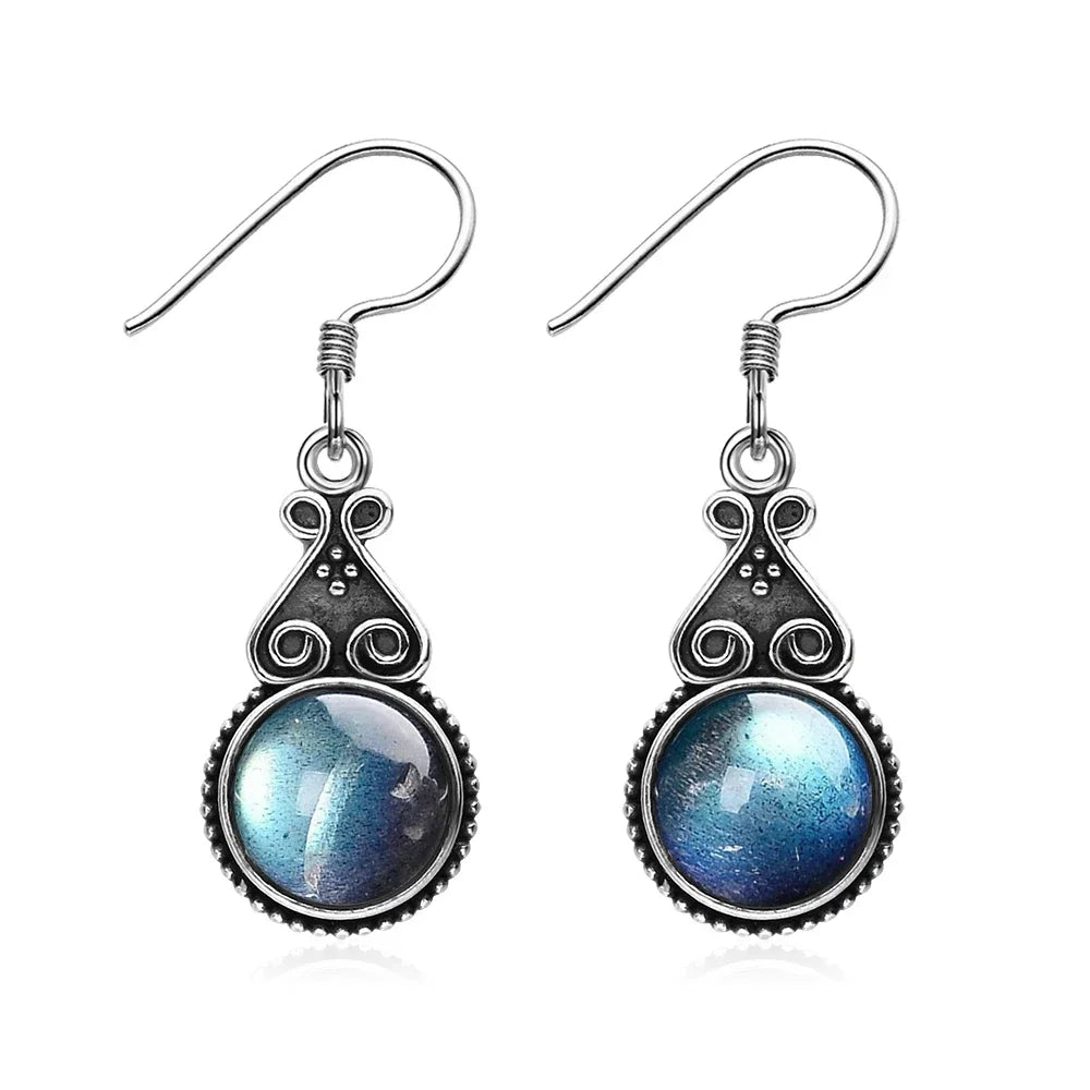Boucles d'Oreilles Pendantes Vintage Pierre Ronde 10 mm – Labradorite, Lapis, Œil de Tigre, Rhodochrosite