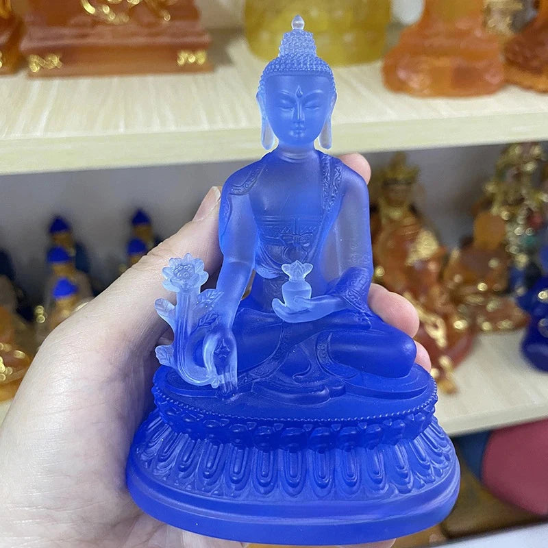 Statue Bouddha de Médecine Bleu – Style Thaï, Résine Translucide, 11 cm