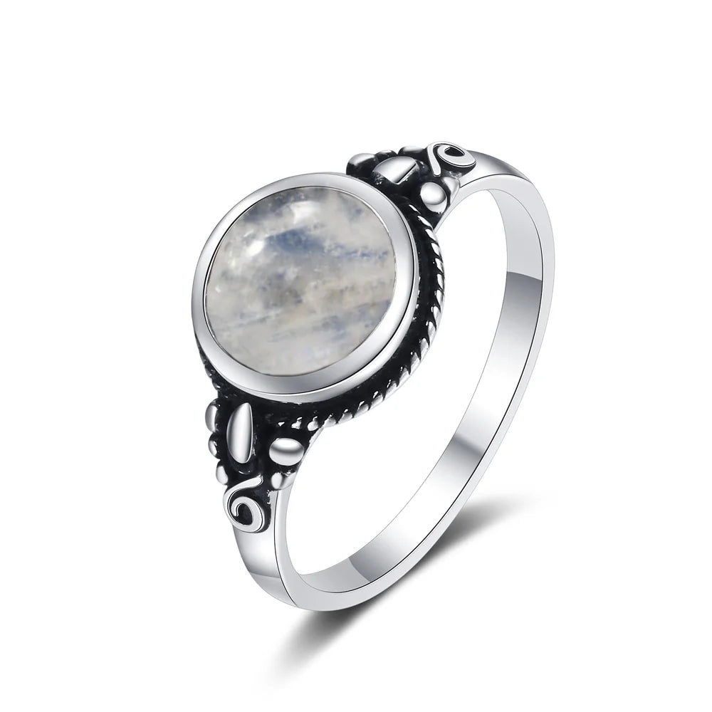 Bague Fine Ronde 8 mm en Pierre Naturelle – Monture Argentée Perlée, Labradorite, Pierre de Lune…