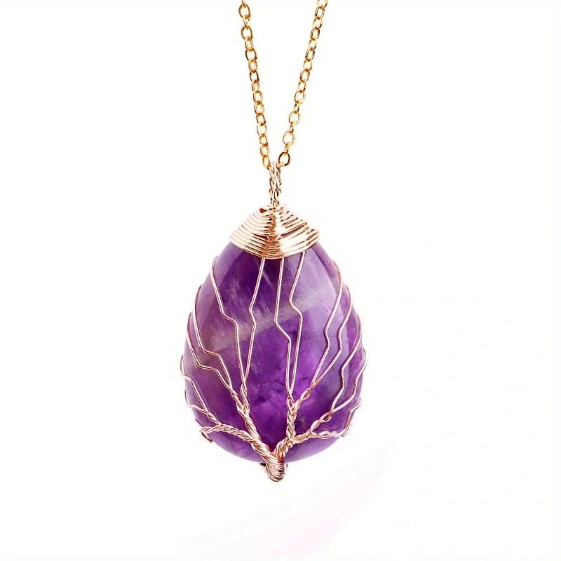 Pendentif Arbre de Vie en Pierre Naturelle au Choix – Fil Doré ou Argenté, avec Chaîne