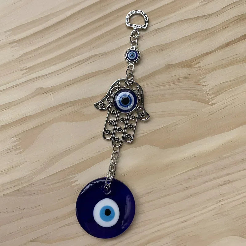 Suspension Main de Fatma et Œil Turc – Amulette Murale en Métal et Verre Bleu, 20 cm