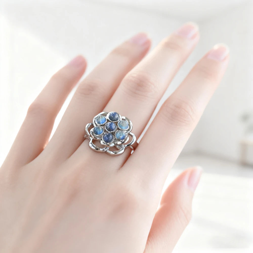 Bague Rotative Fleur en Labradorite – Bague Anti-Stress Ajustable ou Collier Assorti