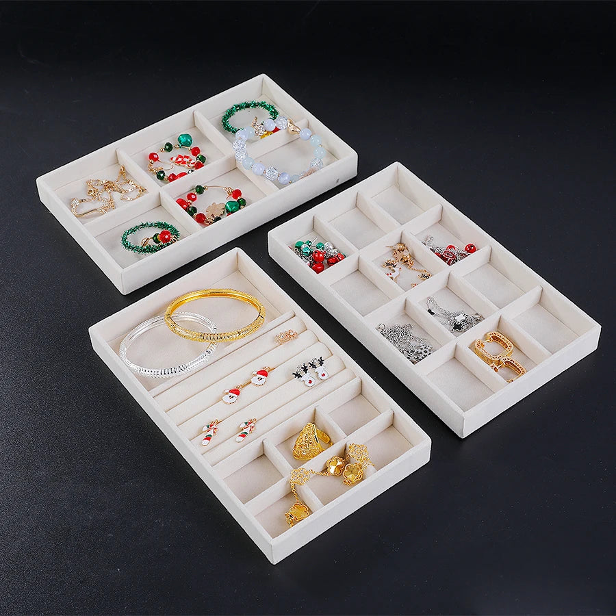 Plateau à Bijoux en Velours Beige – Organisateur Empilable pour Tiroir, Bagues, Bracelets et Boucles d'Oreilles, 9 Modèles de Compartiments