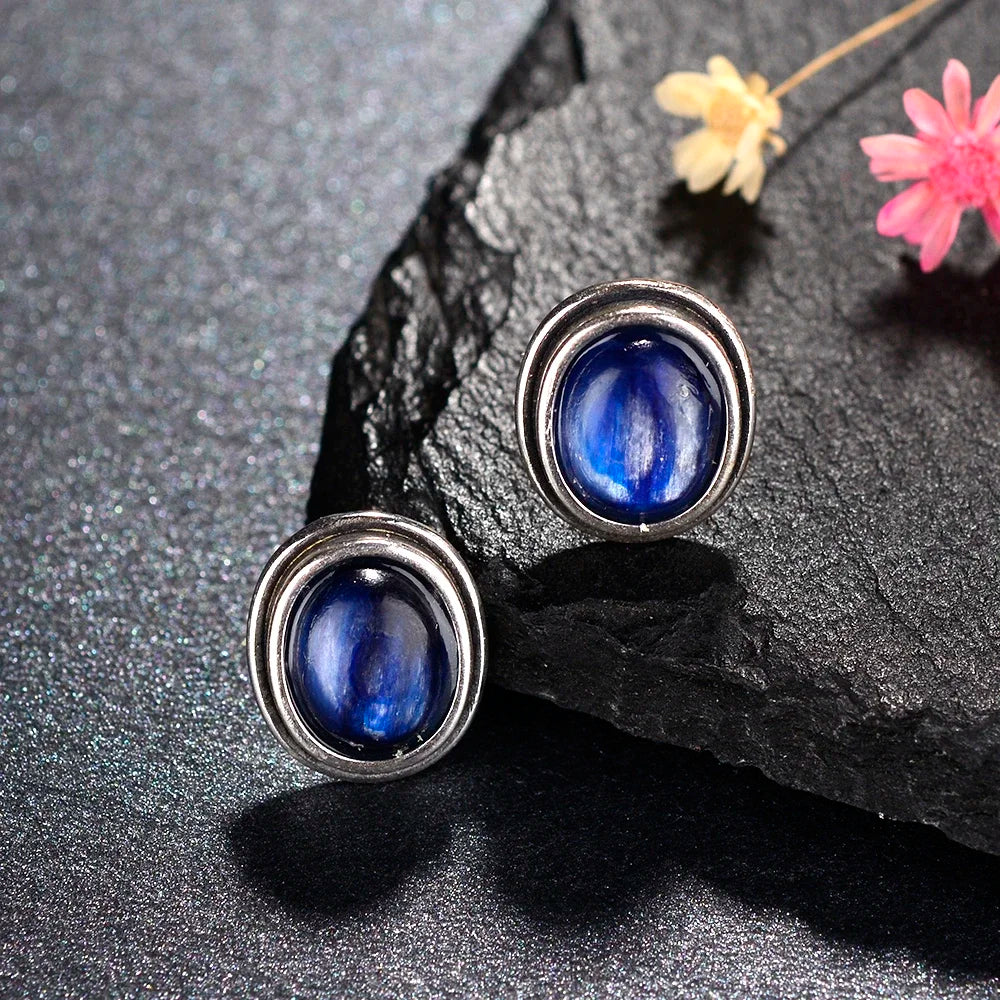 Clous d'Oreilles Ovales 8 x 10 mm en Pierre Naturelle – Labradorite, Cyanite ou Améthyste, Plaqué Argent