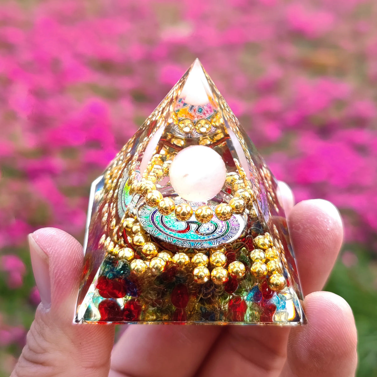 Pyramide d'Orgonite à Sphère d'Améthyste – 5 cm, Arbre de Vie, Chakras, 35 Modèles