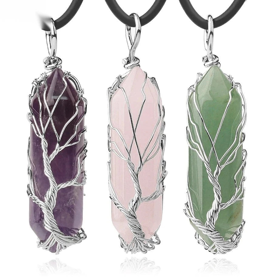 Collier Pointe Hexagonale en Pierre Naturelle – Arbre de Vie en Fil Argenté, sur Chaîne ou Cordon