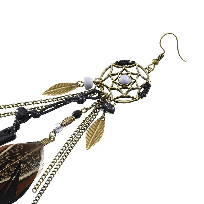 Boucles d'Oreilles Attrape-Rêves Longues – Plumes, Chaînettes et Perles, Style Bohème